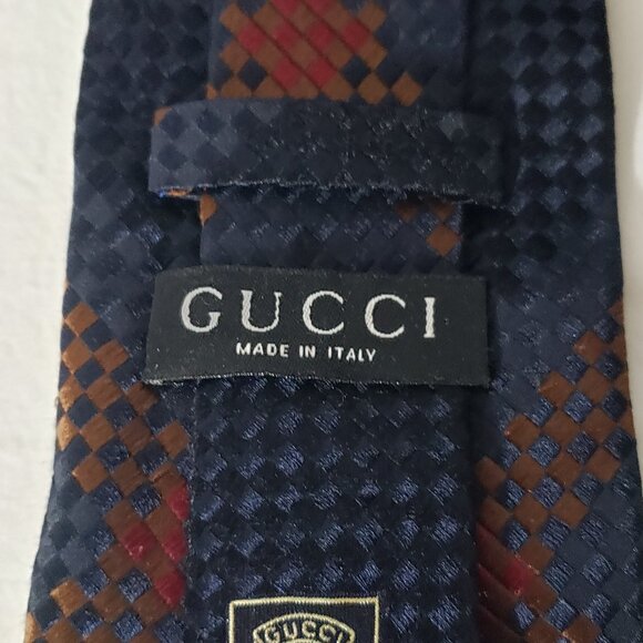 GUCCI Made in Italy 100% Silk Necktie - Black Brown Red Square - 3 3/4" x 58" - Picture 9 of 10